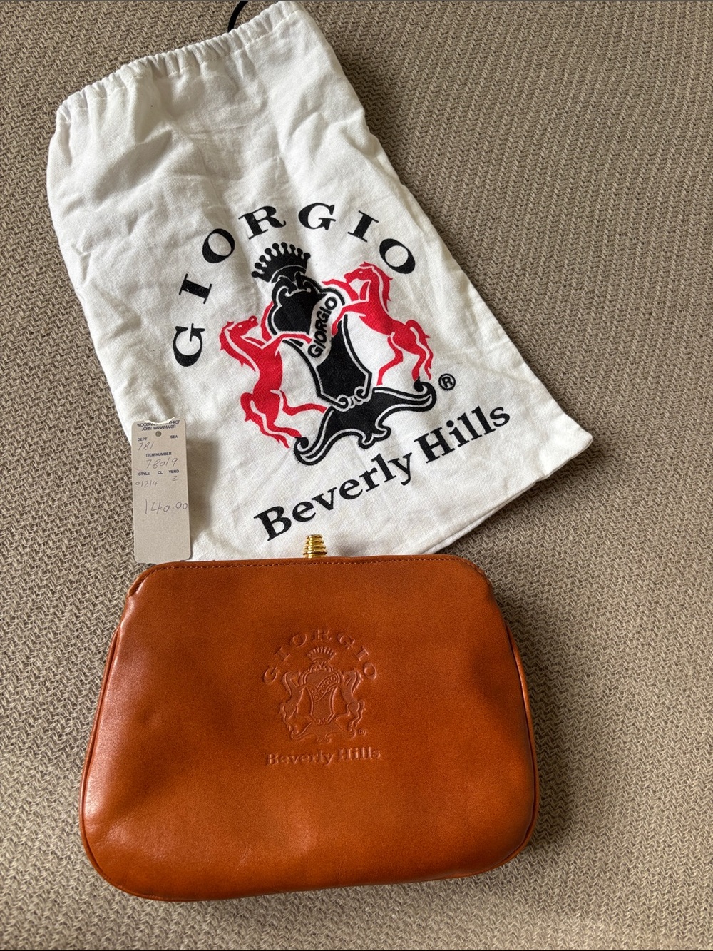 Vintage 1980’s Giorgio Beverly Hills Cognac Leather Kiss-Lock Clutch